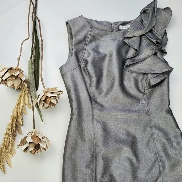 Calvin Klein Silver Grey Ruffle Shoulder Dress 2 - Picture 6 of 14